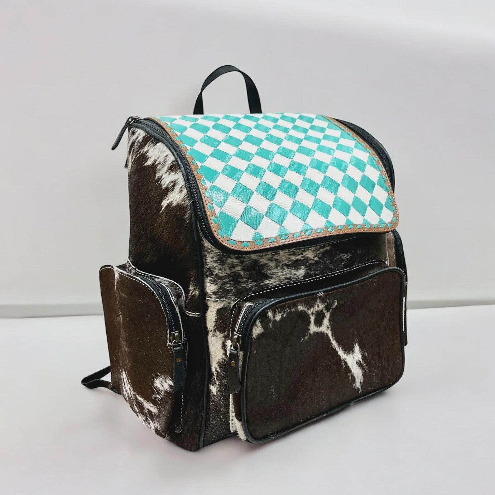 Tooled Leather Turquoise Checker & cowhide Backpack - Western Style Hair on Backpack